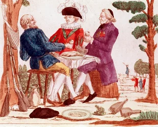 Talonpoika (tiers etat), papisto ja aristokraatti syövät kaniinia yhdessä pöydän ääressä, oikealla taustalla metsästyskohtaus, vasemmalla kolme asetta, elokuu 1789 (kaiverrus, 1700-luvun loppu).