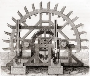 Jauhemylly ja sen vesipyörä, 1800-luvun piirustuksen mukaan, Les Merveilles de la Science, julkaistu noin 1870 (kaiverrus)