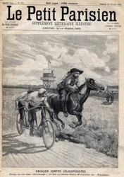 Ratsastaja kilpaili veloipedisteja vastaan: William Frederic Cody (1846-1917), joka tunnetaan nimellä Buffalo Bill, joka tunnetaan Cowboysin kuninkaana ja pyöräilijät Gaby ja Fournier tandemissa. Yksi sanomalehdestä "Le petit Parisien" 26.11.1893 (kaiverru