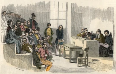 Kokoontumiskilpailun seanssi Sorbonnessa Pariisissa 1800-luvulla - Edmond Texierin kaiverrus "" Tableau-de-Paris "" 1852