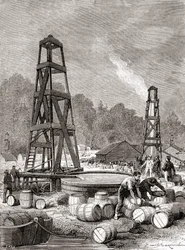Öljylähde Oil Creekissä Allegheny-joella, Pennsylvaniassa, Yhdysvalloissa vuonna 1858, jonka löysi Edwin Laurentine Drake, alias eversti Drake, Les Merveilles de la Science -julkaisusta, julkaistu noin 1870 (kaiverrus)