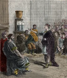 Vesikello eli klepsydra Ateenassa - Antiikin Kreikka - kaiverrus Alexis Clercin teoksessa "Les Sciences mises à la portée de tous - Physique et chimie" - 1800-luvun loppu - yksityiskokoelma