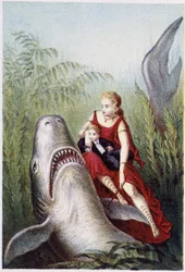 Nainen ja poika ratsastamassa hain selässä - H. de la Blanchèren "" Matka merenpohjaan" -kirjassa. Paris, toim. Jouvet et Cie, sd. 1880.