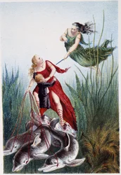Nainen hyökkäämässä toisen naisen ja delfiinien johtaman pojan kimppuun - H. de la Blanchèren "" Matka merenpohjaan" -kappaleessa. Paris, toim. Jouvet et Cie, sd. 1880. (kaksinkertainen 02947 ja 02952)