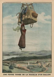 Nainen putoaa ilmapallon gondolista, takakannen kuva Le Petit Journalista, liitekuva, 1.6.1913 (värilitho)