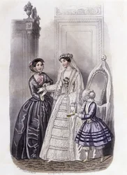 Nainen hääpuvussa tytön ja naisen ympäröimänä - elokuvassa "Journal des Demoiselles" 1852.