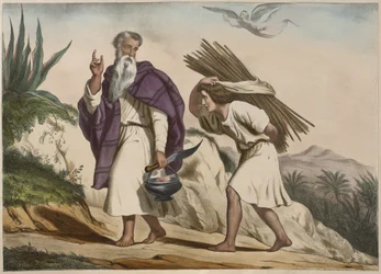 Abraham vei Iisakin Moriah-vuorelle, kuvitus katekismuksesta LHistoire Sainte, julkaisija Charles Delagrave, Pariisi