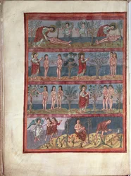 Add.10546 f.5v Adam ja Eeva, Moutier-Grandval Bible, valaistu Carolingian Abbey of St. Martin, Tours, Latin, n.834-843 (vellum)