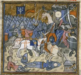 Lisätä. 15269, f.124v Saraseeneja vastaan taistelevat ristiretkeläiset, kuvitus Chroniques de France ou de St Denysistä (mustetta, väriä ja kultaa perunakalvolla)
