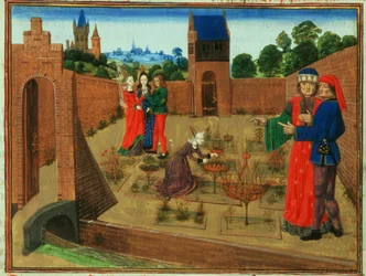 Lisää 19720 fol.214 Aidattu puutarha, jossa nainen puuhailee ja muita juoruilee, Pietro de Crescenzin (1230-1320) Livre des Prouffits Champetres et Ruraulxista (vellum)