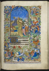 Lisää Ms 18850 f.208r, Hours of the Passion: Agony in the Garden, lisäkohtauksia reunuksella, kirjasta Book of Hours (The Bedford Hours) n. 1410-30 (mustetta, väriä ja kultaa velumilla)