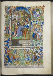 Lisää Ms 18850 f.235r, Hours of the Passion [Sext], Kristus kantaa ristiä, Book of Hoursista (The Bedford Hours) n. 1410-30 (muste, väri ja kulta velumilla)