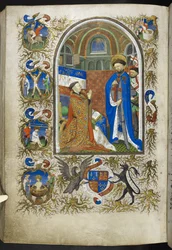 Lisää Ms 18850 f.256v, Duke of Bedford ennen St Georgea, kirjasta Book of Hours (The Bedford Hours) n. 1410-30 (muste, väri ja kulta velumilla)
