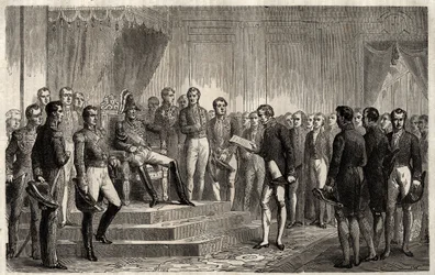 221:n puhe - Liberaali valtiomies Roy- Collard esittelee Address du 221 - Pierre Paul Royer-Collard lukemassa Ranskan kuninkaalle Charles X 221:n puhetta protestoidakseen valtaa vastaan vuonna 1830 - Pierre Paul Royer Collard (1763-1845) (Royer- kaulus) pr