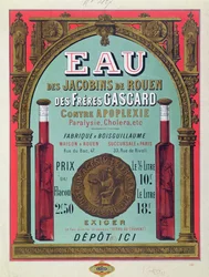 Mainos "Eau des Jacobins de Rouenista", 1800-luvun puoliväli (väri litho)