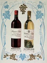 Mainos viinien myynnistä Margaux-Bijon (Margaux Bijon) ja Sauternes-Bijon (Sauternes Bijon), 25 frs 12 pullosta, 50 frs 25:ltä