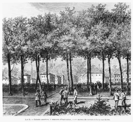 Työväensiirtokuntaa kuvaava mainos, kuvitus Le Monde Illustresta, 1876