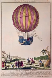Aerostat: toinen yritys lentää ilmapallolla. Charles ja Robert laskeutuvat Prairie de Neslelle Pariisin lähistöllä vetykaasupallolla tehdyn matkan jälkeen 1.12.1783. Kaiverrus 1700-luvulta.