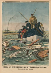 Irlannin keisarinna katastrofin jälkeen, uhrien etsiminen, takakannen kuvitus "Le Petit Journalista", liitekuva, 14. kesäkuuta 1914