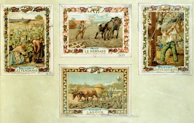 Maatalouskalenteri, joka kuvaa maanviljelyn eri vuodenaikoja, 1800-luvun loppu