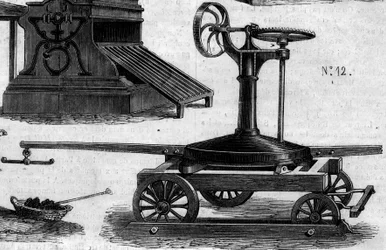 Maatalouskone: kannettava maneesi, joka esiteltiin Pariisin maatalouskilpailussa vuonna 1860. Kaiverrus "" Le Monde Illustré" -julkaisussa nro 169, 7. heinäkuuta 1860.