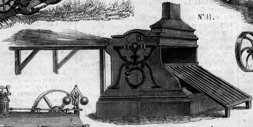 Maatalouskone: puimakone, joka esiteltiin Pariisin maatalouskilpailussa vuonna 1860. Kaiverrus "" Le Monde Illustré" -julkaisussa nro 169, 7. heinäkuuta 1860.