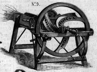 Maatalouskone: englantilainen olkikirves, joka esiteltiin Pariisin maatalouskilpailussa vuonna 1860. Kaiverrus "" Le Monde Illustré" -julkaisussa nro 169, 7. heinäkuuta 1860.
