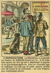 Maatalous havainnollistaa kolmannen tasavallan hyötyjä maatalousinvestoinneille ja sen huolenpitoa talonpoikaisväestöstä. Kaiverrus, "" Le Figaro, liite"", 30/03/1889, Pariisi. Coll. Selva.