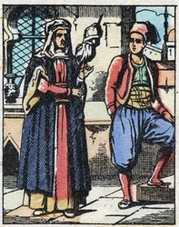 Aladin ja hänen äitinsä elävät työstään. Kaiverrus tarinasta Tuhannen ja yhden yön "" Aladin ja ihana lamppu"". Epinaalinen kuvantaminen, 1800-luvun loppu. Yksityinen kokoelma.