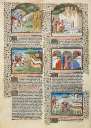 "Alexander kohtaamassa blemmyae...", kuvitus "Shrewsbury Talbot Book of Romances" -kirjasta, n. 1445 (muste ja väri vellum)