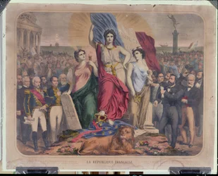 Allegoria Ranskan tasavallasta, joka kuvaa Adolphe Thiersia (1797-1877), Leon Gambettaa (1838-1882) ja Victor Hugoa (1802-1885)