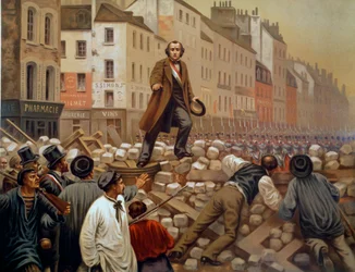 Alphonse Baudin (1811-1851) Faubourg Saint Antoinen barrikadilla 3.12.1851 Louis Napoleon III:n (Louis-Napoleon Bonaparte) vallankaappauksen aikana Kaiverrus vuodelta 1851.
