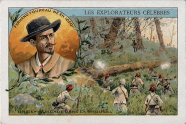 Väijytys Afrikan pensaassa ranskalaisen tutkimusmatkailijan Frenand Fourreaun (1850 - 1914) tutkimusmatkan aikana. 1800-luvun kromolitografia.