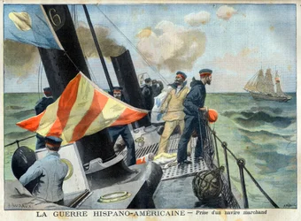 American Hispano War (tai Desastre of 98) - Espanjan ja Amerikan sota: kauppalaivan vangitseminen. Hispano-Amerikan sota - Kauppalaivan ottaminen. Kuvitus Le petit Journalille