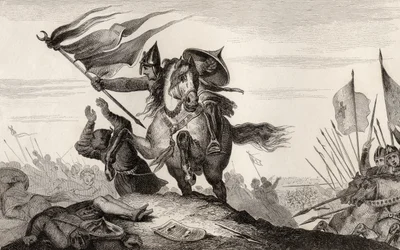 800-luvun ranskalainen ritari taistelussa, Colartin "Histoire de France", julkaistu noin vuonna 1840 (kaiverrus).