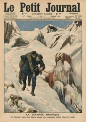 Sankarillinen kierros, alppipostimies pelastamassa lumeen juuttunutta matkustajaa, etukannen kuvitus Le Petit Journalista, liitekuva, 18. tammikuuta 1914