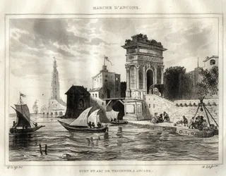 Ancona - Ancona - Italia - Trajanuksen kaari, muinainen roomalainen Apollodoron teos - Kaari on sijoitettu Anconaan - Kaiverrus "Italia maalauksellisesta"" - Italian historiallinen ja kuvaava maalaus", M. de Norvins, Ch. Nodier 1834-1836.