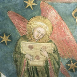 Enkelimuusikko soittamassa psalteria, yksityiskohta kryptan holvista