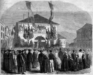 Savoien liittäminen Ranskaan, Chambery, 22. huhtikuuta 1860: väestön äänestys Savoien liittämisestä Ranskaan. Kaiverrus "" Le Monde Illustré" -julkaisussa nro 160, 5. toukokuuta 1860.