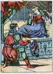 Anonyymi kuvitus ranskalaisen kirjailijan Charles Perraultin (1628-1703) tarinaan "La belle au bois dormant". Puukaiverrus Imaging Pellerin - Epinal, sd. 1800-luvun loppu.
