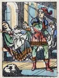 Nimetön kuvitus ranskalaisen kirjailijan Charles Perraultin (1628-1703) tarinaan "La belle au bois dormant". Puukaiverrus Imaging Pellerin - Epinal, sd. 1800-luvun loppu.