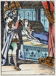 Nimetön kuvitus ranskalaisen kirjailijan Charles Perraultin (1628-1703) tarinaan "La belle au bois dormant". Puukaiverrus Imaging Pellerin - Epinal, sd. 1800-luvun loppu.