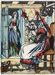Nimetön kuvitus ranskalaisen kirjailijan Charles Perraultin (1628-1703) tarinaan "La belle au bois dormant". Puukaiverrus Imaging Pellerin - Epinal, sd. 1800-luvun loppu.