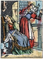 Nimetön kuvitus ranskalaisen kirjailijan Charles Perraultin (1628-1703) tarinaan "La belle au bois dormant". Puukaiverrus Imaging Pellerin - Epinal, sd. 1800-luvun loppu.