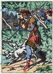 Nimetön kuvitus ranskalaisen kirjailijan Charles Perraultin (1628-1703) tarinaan "La belle au bois dormant". Puukaiverrus Imaging Pellerin - Epinal, sd. 1800-luvun loppu.