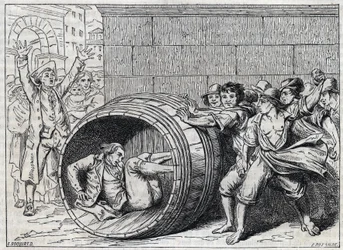 Antisemiittien vaino 1600-luvulla: Rooman asukkaat pyörittelevät juutalaista tynnyrissä. Kuvitus "Meo Pataccasta", Giuseppe Bernerin (1637-1700) runo. Kaiverrus Bocourt.