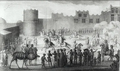 Arabian taistelijat harjoittavat Jemenissä, Arabian kuvauksesta varmistivat Carsten Niebuhrin samoista paikoista keräämät omat havainnot ja mielipiteet, julkaistu 1774