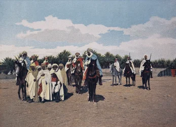 Arabivangit: arabivankien saattue viedään Aghan eteen dairojen saattajan alla, jota komentaa spahi- "Military Album" -kirjassa" - Spahis