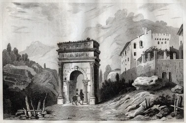 Augustuksen kaari (Susa) - Augustuksen kaari (Susa) - Arco di Augusto (Susa) - Kaiverrus "" Italiasta Maalauksellinen" - Italian historiallinen ja kuvaava maalaus", M. de Norvins, Ch. Nodier 1834-1836.