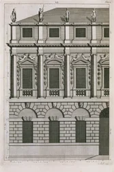 Bernard Picartin (1673-1733) kaivertama palladialaisia mittasuhteita esittävä arkkitehtoninen suunnittelu n. 1716
